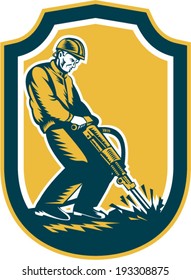 Illustration of a construction worker with jack hammer pneumatic drill drilling excavation work set inside shield done in retro style.