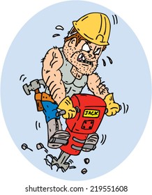 Illustration of a construction worker with jack hammer pneumatic drill drilling excavation work on isolated white background done in cartoon style. 