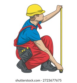 Ilustración del trabajador de la construcción que mide con la herramienta del metro