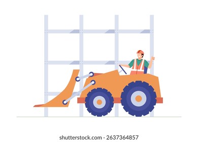 Illustration of a construction worker operating a bulldozer in a site area