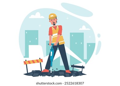 Illustration Construction Worker Operating Jack Hammer