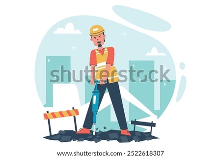 Illustration Construction Worker Operating Jack Hammer