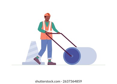 Illustration of a construction worker operating a manual road roller