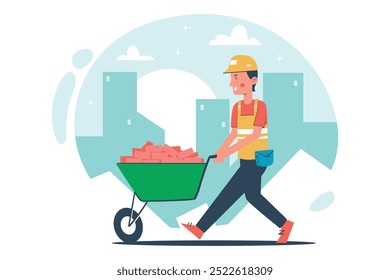 Illustration Construction Worker Pushing Wheelbarrow