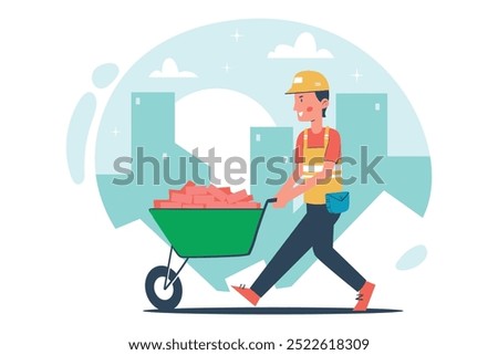 Illustration Construction Worker Pushing Wheelbarrow