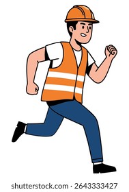 illustration of a construction worker running wearing a hard hat and safety vest.