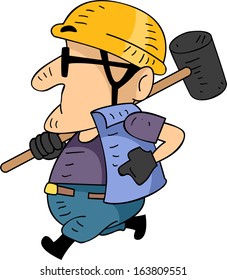 Illustration of a Construction Worker Running While Holding a Sledgehammer