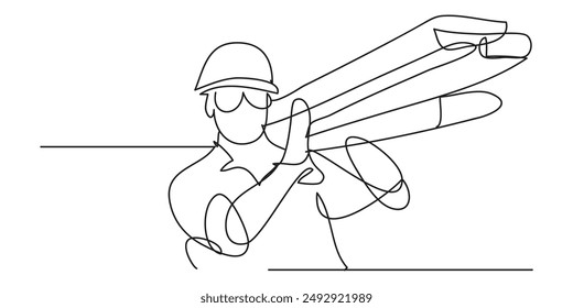 The Illustration of construction worker with single line style. Which is made by hand drawn with single line. This line art can be use for advertisement, logo, icon, etc.
