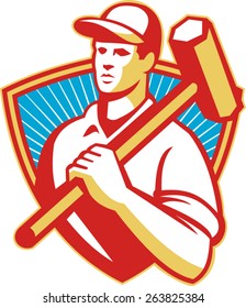 Illustration of a construction worker with sledgehammer on shoulder set inside shield done in retro style.