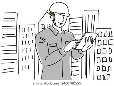 Illustration of a construction worker with a tablet computer in his hand