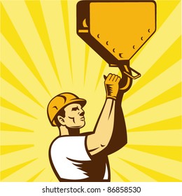 illustration of a construction worker wearing hard hat holding hook facing side set inside square with sunburst on isolated background done in retro style