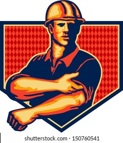 Illustration of a construction worker wearing hardhat rolling up sleeve facing front set inside shield done in retro style