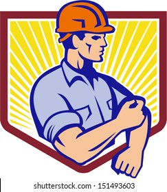 Illustration of a construction worker wearing hardhat rolling up sleeve facing side set inside shield done in retro style