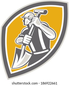 Illustration of a construction worker wearing hardhat digging using shovel spade facing side set inside shield done in retro style