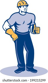Illustration of a construction worker wearing hardhat standing thumbs up facing front done in retro style.