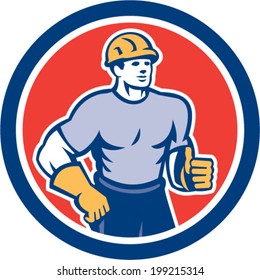 Illustration of a construction worker wearing hardhat standing thumbs up facing front set inside circle done in retro style.