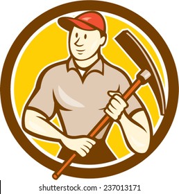 Illustration of a construction worker wearing hat holding pickaxe set inside circle on isolated background done in cartoon style. 