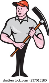 Illustration of a construction worker wearing hat holding pickaxe on isolated white background done in cartoon style. 