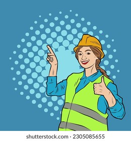 Illustration of a construction worker wearing safety helmet and vest drawn in retro comic pop art style vector.