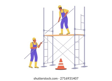 Ilustração dos trabalhadores da construção que montam a estrutura de andaimes de aço para a manutenção da construção. Desenvolvimento de Projeto de Engenharia Civil e Segurança de Sítio Industrial Ilustração Plana