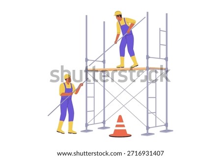 Illustration of Construction Workers Assembling Steel Scaffolding Structure for Building Maintenance. Industrial Site Safety and Civil Engineering Project Development Flat Illustration