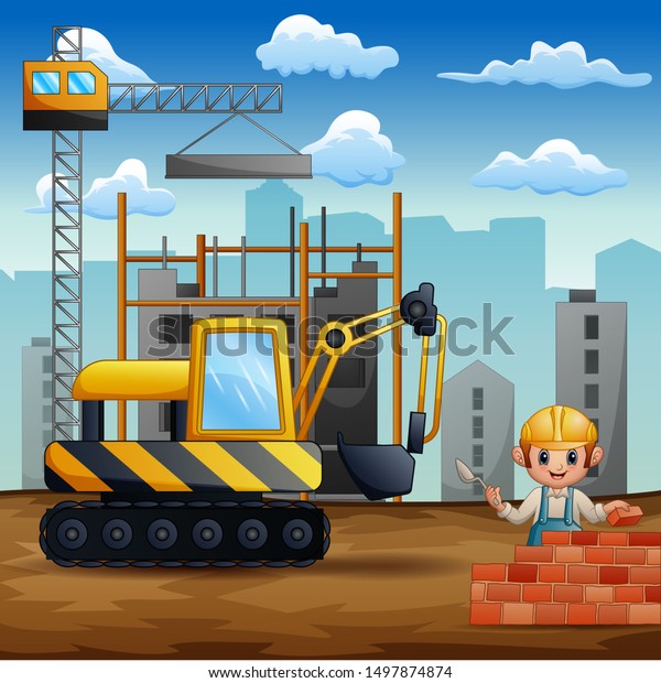Illustration\
of construction workers at a building\
site