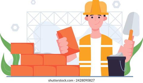 Illustration of Construction Workers Building a Wall