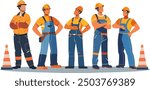 Illustration of construction workers in hard hats and safety gear standing together, engaged in a discussion