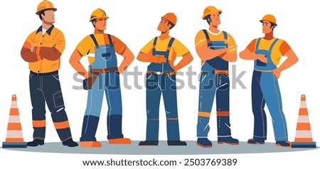 Illustration of construction workers in hard hats and safety gear standing together, engaged in a discussion