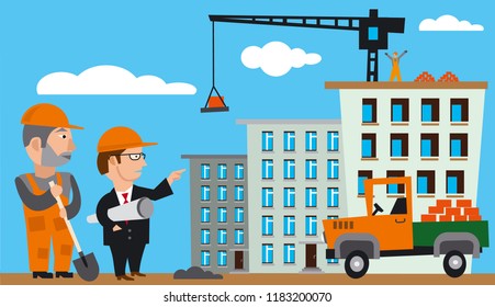 illustration of construction with workers and truck