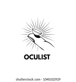 Illustration of the contact lens on your finger. Lens in beams. Oculist logo label badge. Oculist lettering. Vector illustration.