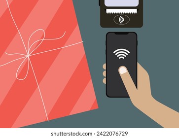 Illustration of the contactless payment by the smartphone at the store