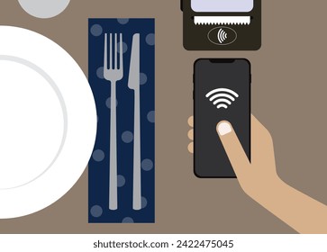 Illustration of the contactless payment by the smartphone at the restaurant