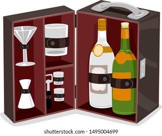 Illustration of a Container with Bottles of Wine and Drinks with Glasses as Travel Bar