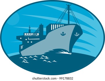 Illustration of a container cargo freighter ship sailing on sea done in retro style set inside ellipse.