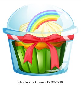 Illustration of a container with a cupcake inside decorated with a ribbon on a white background