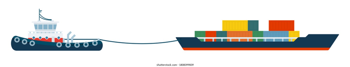 Illustration of a container loader pulling a tugboat vector flat icon isolated