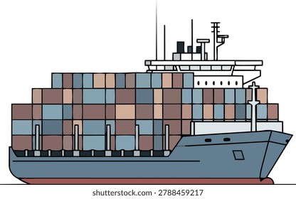 Illustration of a container ship loaded with cargo containers, representing global trade, maritime transport, and the shipping industry.