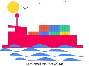 illustration of a container ship in the ocean with sun and birds. Vector illustrations