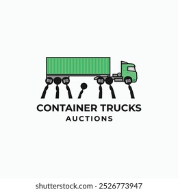 Illustration of container truck with bidder hands holding auction paddle logo. Shipping storage container auction logo design concept.