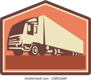 Illustration of a container truck and trailer lorry done in retro style viewed from a low angle.