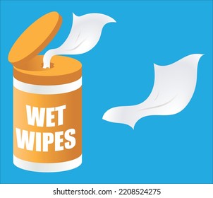 Illustration of a container of wet wipes or disinfecting wipes with a wipe being dispensed