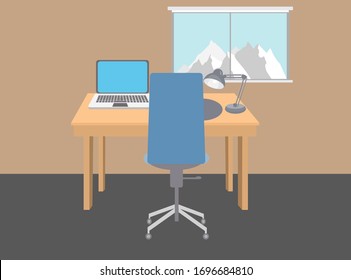 Ilustración con una silla, un ordenador portátil sobre una mesa de madera y junto a una lámpara de escritorio. Una ventana con montañas y un cielo azul. Concepto de trabajo en casa.