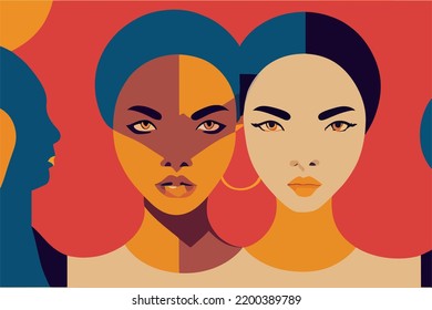 Illustration containing colors and faces of different races in defense of human rights, poster, postcard. Vector image of people of different skin color and ethnicity together. Freedom, independence, 