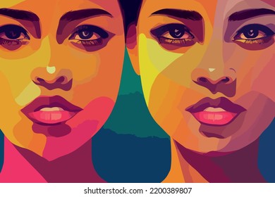 Illustration containing colors and faces of different races in defense of human rights, poster, postcard. Vector image of people of different skin color and ethnicity together. Freedom, independence, 