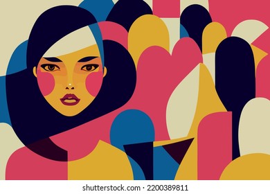Illustration containing colors and faces of different races in defense of human rights, poster, postcard. Vector image of people of different skin color and ethnicity together. Freedom, independence, 