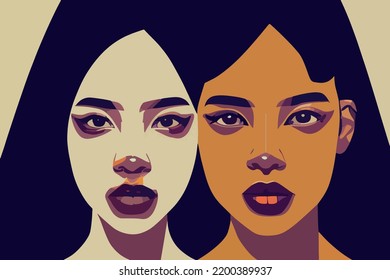 Illustration containing colors and faces of different races in defense of human rights, poster, postcard. Vector image of people of different skin color and ethnicity together. Freedom, independence, 