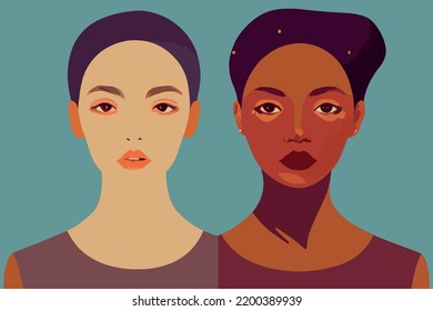 Ilustración con colores y caras de diferentes razas en defensa de los derechos humanos, afiche, postal. Imagen vectorial de personas de diferente color de piel y etnia juntas. Libertad, independencia, 