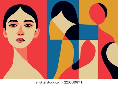 Ilustración con colores y caras de diferentes razas en defensa de los derechos humanos, afiche, postal. Imagen vectorial de personas de diferente color de piel y etnia juntas. Libertad, independencia, 