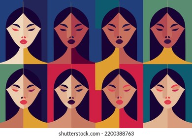 Illustration containing different races in defense of human rights, poster, card. Vector image of people of color and ethnicity together. Freedom, independence, empowerment, people rights, equality. 